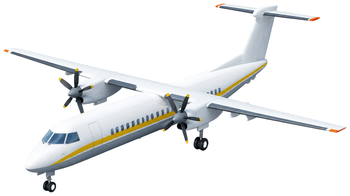 Petrel 72, turboprop sayap tinggi dengan ekor T, badan putih dan garis kuning.