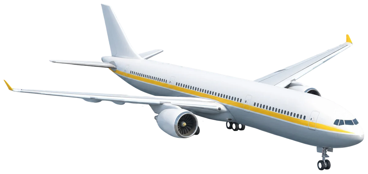 Whimbrel 9, jet wide-body dua mesin berbadan putih dengan garis kuning di sepanjang jendela.