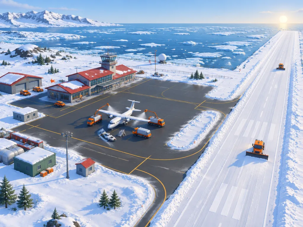 Bandara kutub di samping laut beku, landasan salju berparit, terminal beratap merah, dan truk de-icing di sekitar turboprop.
