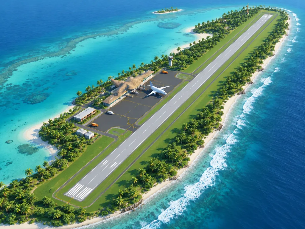 Bandara di atol tropis sempit, satu landasan sepanjang pulau di antara laguna biru dan ombak laut.
