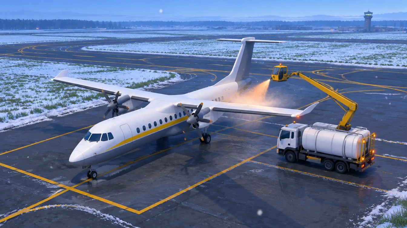 Salju tipis sebelum matahari terbit: turboprop Petrel 72 di pad de-icing sementara truk berlengan kuning menyemprot cairan oranye ke sayapnya.