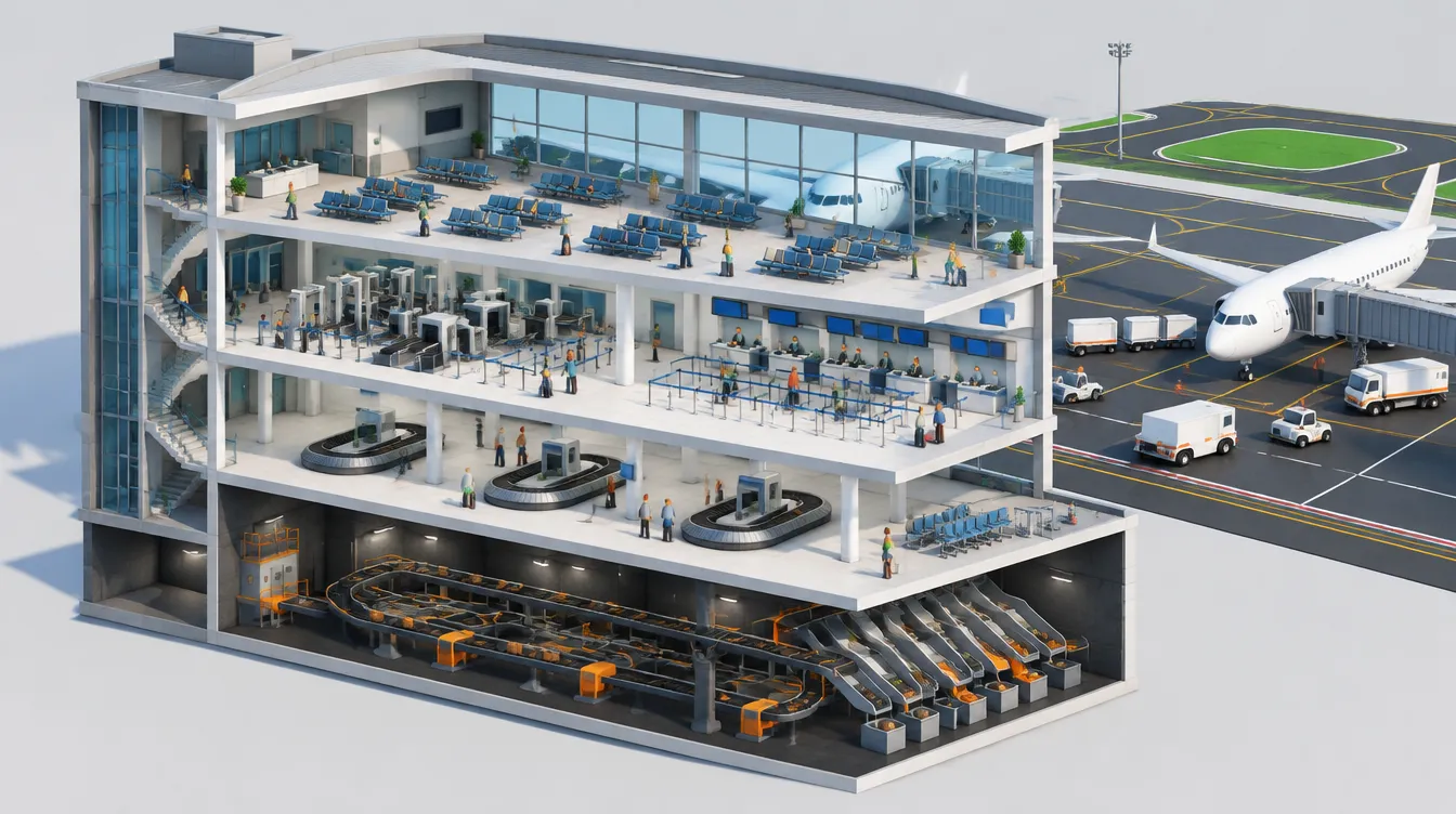 Potongan terminal tiga lantai: ruang tunggu dengan kursi biru di lantai atas, gerbang keamanan dan meja check-in di lantai tengah, korsel pengambilan bagasi di lantai dasar, serta conveyor bagasi berliku di ruang bawah tanah. Di kanan, pesawat terhubung ke garbarata.