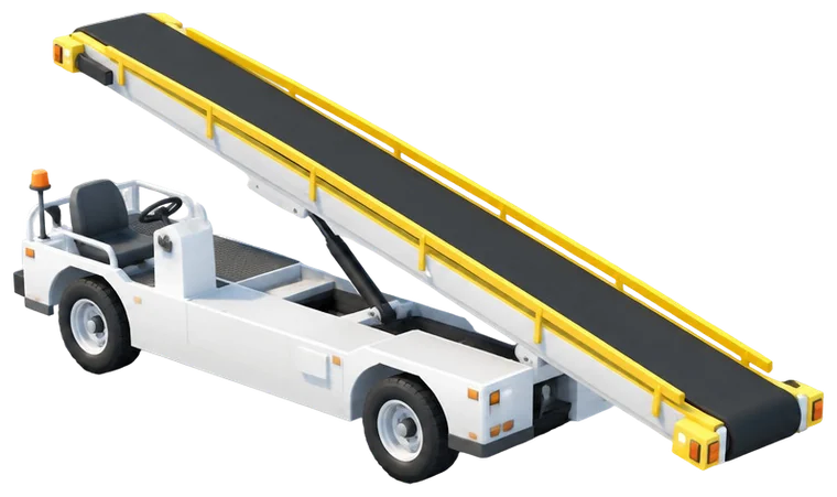 Belt loader putih dengan conveyor miring berpagar kuning.