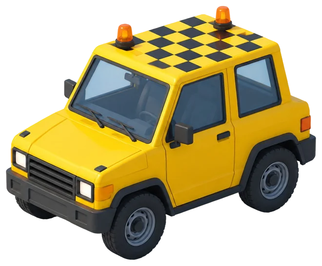 Mobil follow-me kuning dengan panel kotak-kotak di atap dan dua lampu oranye.