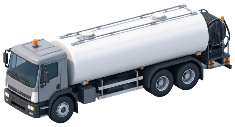 Truk bahan bakar dengan tangki putih panjang dan gulungan selang.