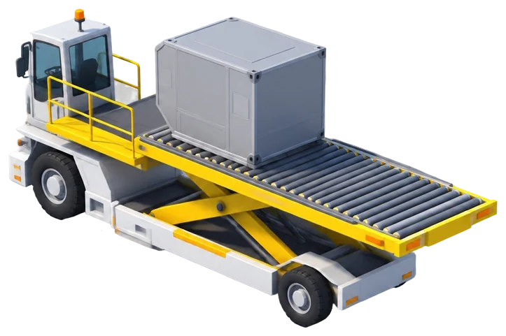 Cargo loader dengan dek rol abu-abu dan satu kontainer di atasnya.