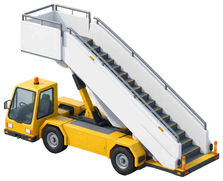 Truk tangga penumpang putih di atas sasis kuning.