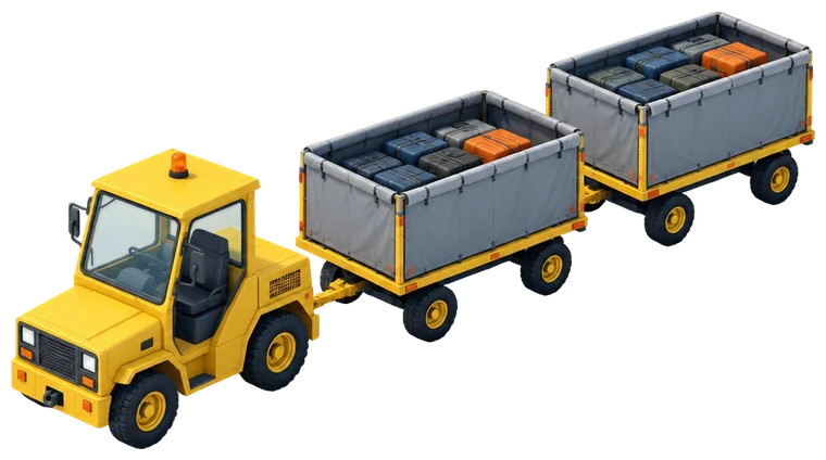 Traktor bagasi kuning menarik dua kereta berisi koper.